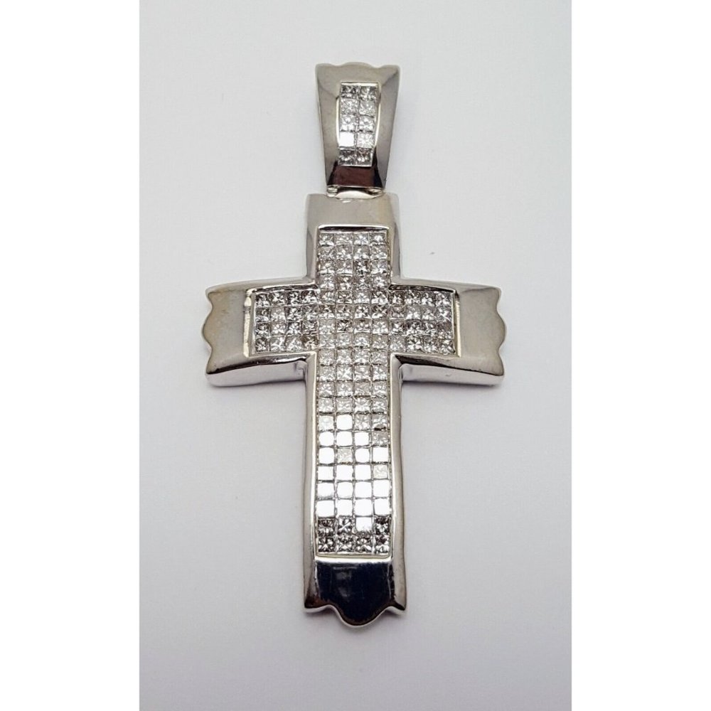 14K Solid White Gold Princess Cut Invisible Setting Diamond Cross Charm Pendant